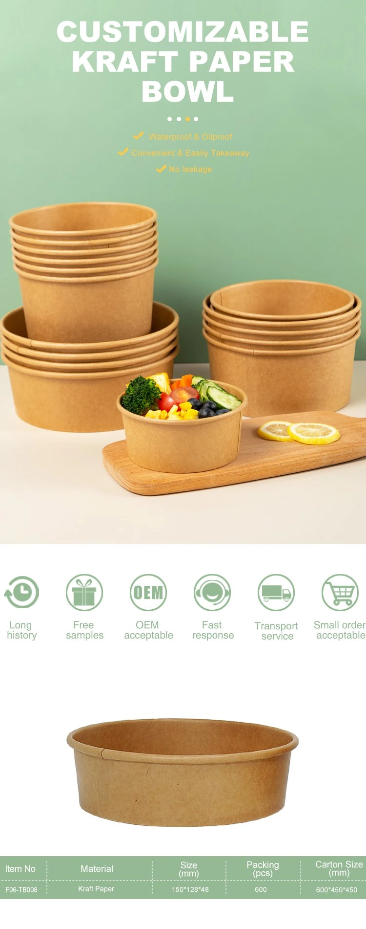 500ml 750ml 1000ml Round Eco Friendly Takeaway Food Packaging Disposable Salad Paper Bowl with FDA EU