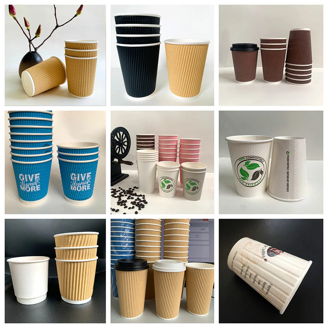 Eco Compostable Ripple Double Single Wall Disposable Hot Coffee Tea Paper Cups with Lids