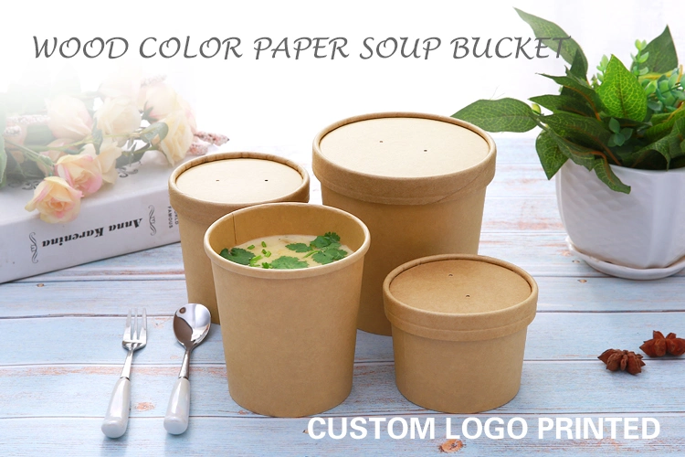 Hot Soup Bucket Fast Food Eco- Friendly Materials Brown Kraft Paper Bucket