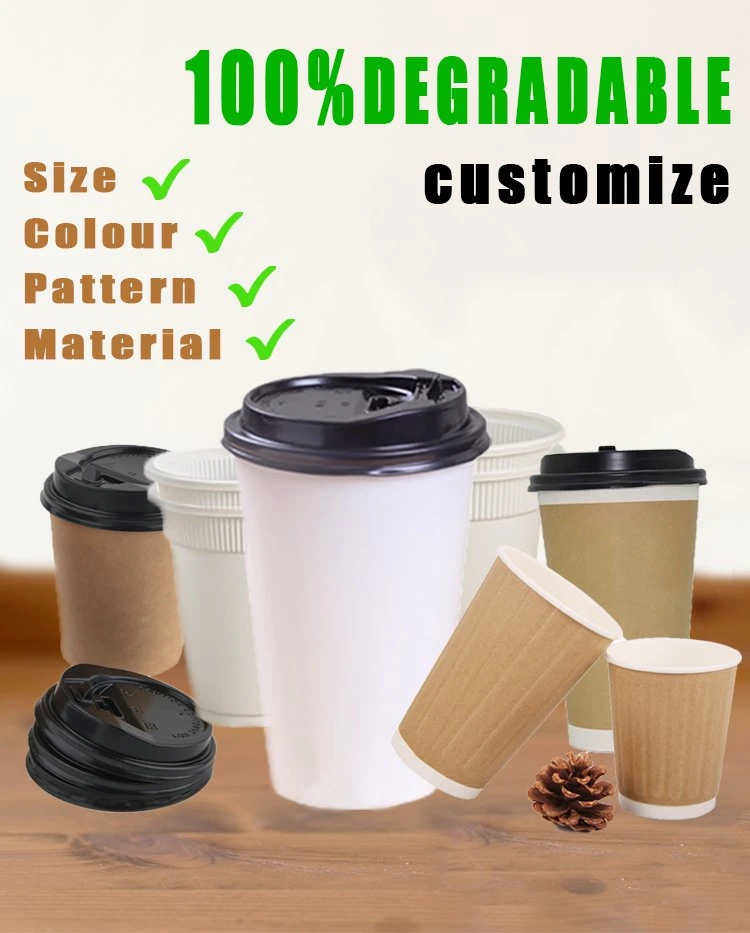 Custom Print Biodegradable Compostable D90mm Single/Double/Ripple Wall Hot Coffee Paper Cup with PP Lid